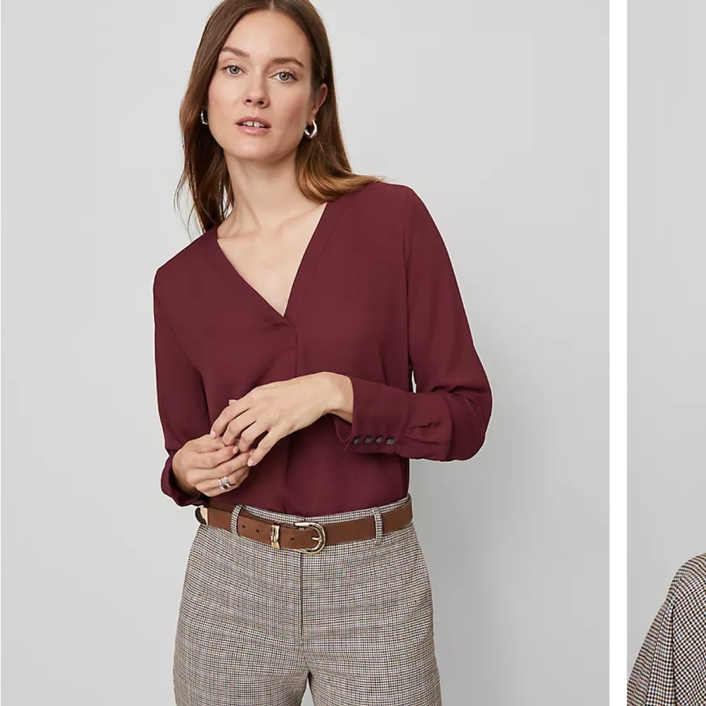 Ann Taylor Deep Red V-Neck Blouse